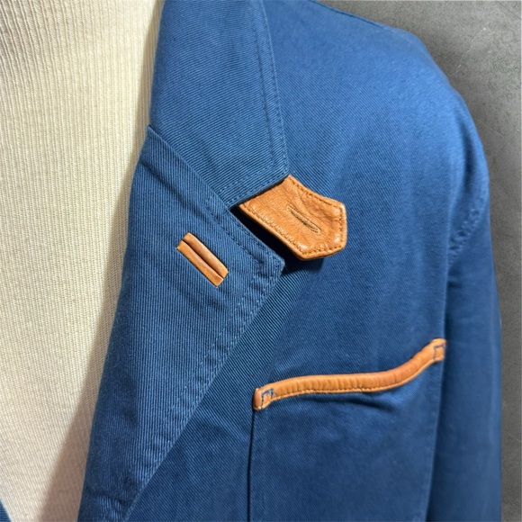 Orvis , Navy jacket with tan leather patch detail . - Picture 7 of 7